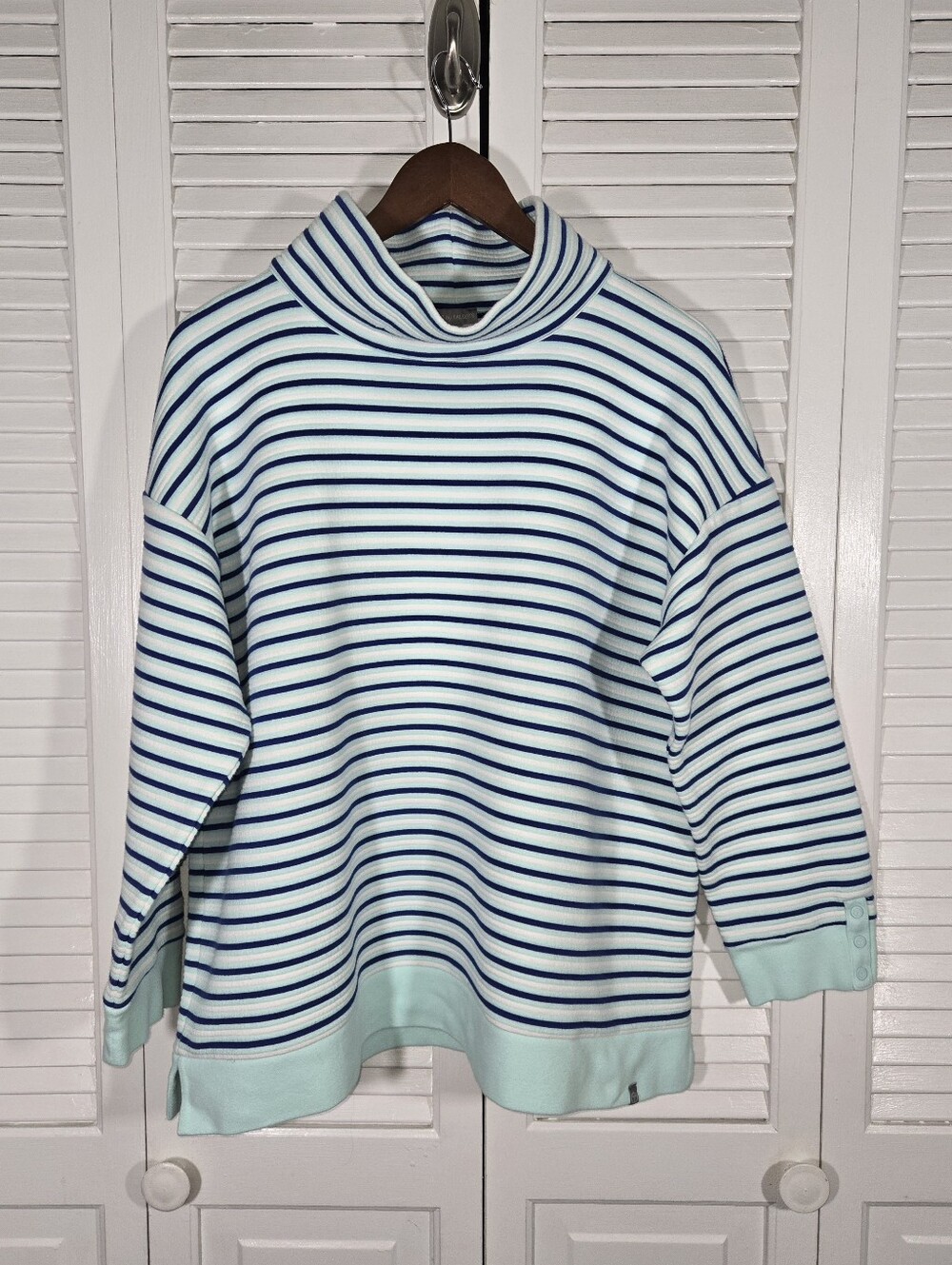 T By Talbots Blue Green White Striped Cowl Neck Knit Snap Cuffs Tunic Top Sz XLP